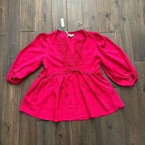 Max Studio Hot Pink  erise Boho Babydoll Peasant Blouse S NWT